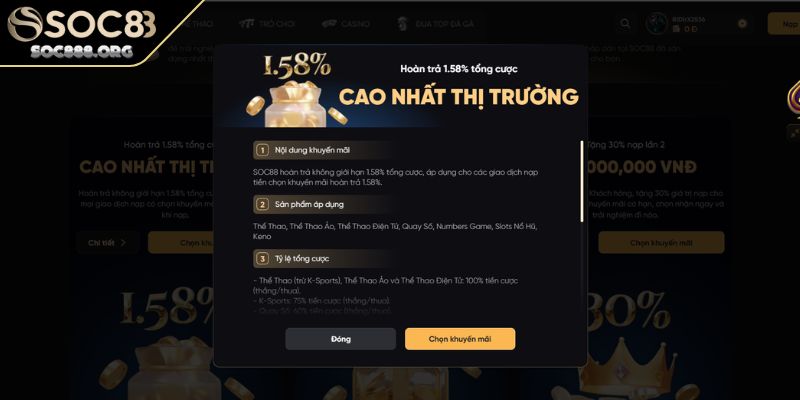 Khuyến Mãi Soc88 Cơ Hội Săn Thưởng Lớn Dành Cho Bạn 2 Hoàn trả cược thua 1.58%