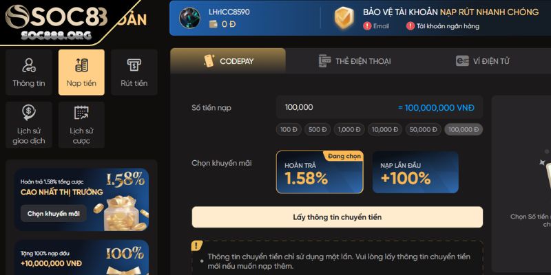 Tặng 30% Nạp Lần 2 Quy Định Sự Kiện Ưu Đãi Hấp Dẫn Tại SOC88 3 Nạp 100k vào ưu đãi nạp lần 2 tặng 30% nhận tổng bao nhiêu?